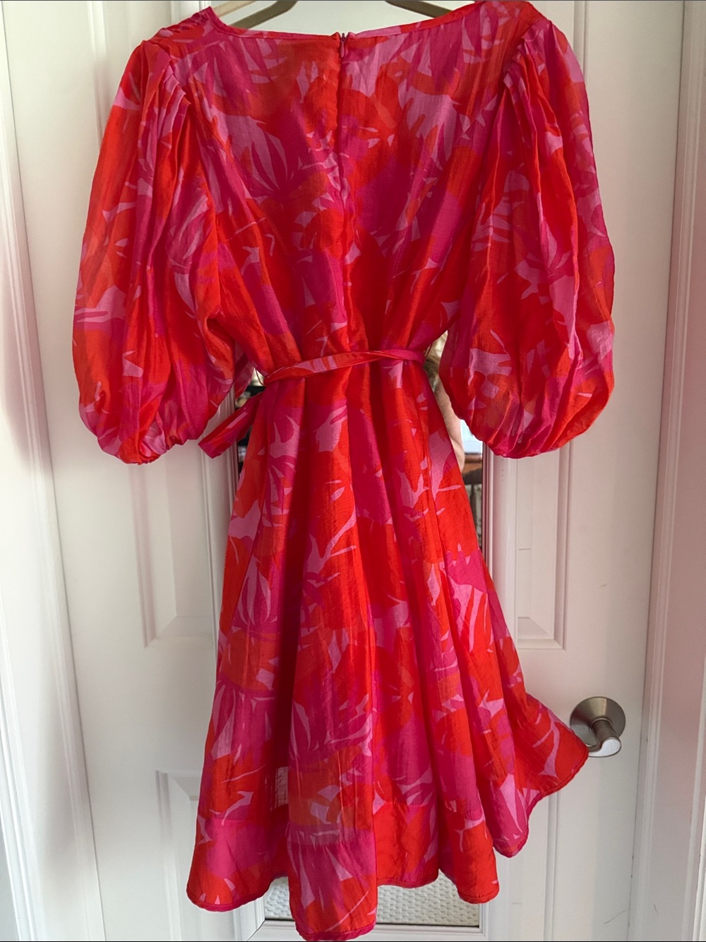 Chocklate Vibrant Pink & Red Puff-Sleeve V-Neck Dress - Picture 4 of 6